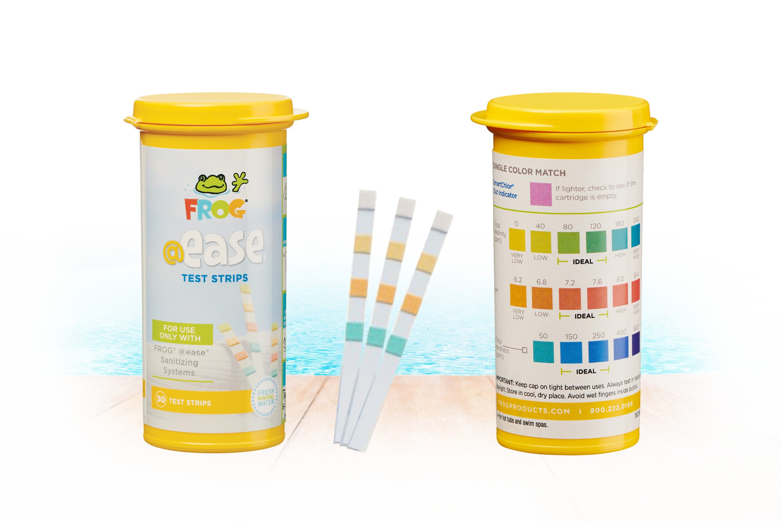 FROG® @ease® Test Strips — Front & Back Packaging with Strips Displayed FROG® @ease® Test Strips front and back packaging with a few strips removed to show the color indicators.