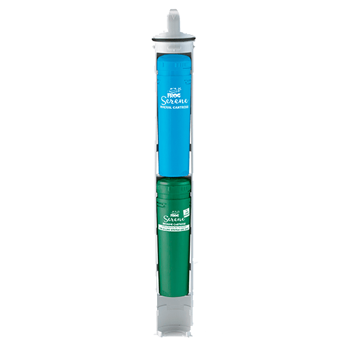 Serene In-Line System containing Mineral (Blue) and Bromine (Green) cartridges.