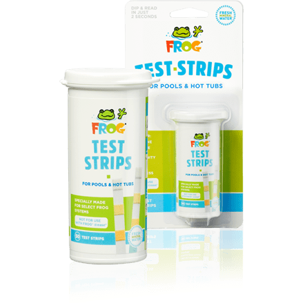 FROG® Test Strips for pools and hot tubs — shown in package and individual strips out of package.