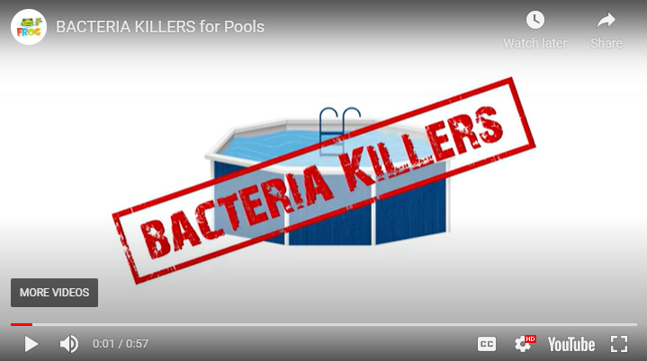 Thumbnail image for video titled “Bacteria Killers: How FROG® Fresh Mineral Water® Works,” showing clean blue water with icons of a shield and chlorine molecule.