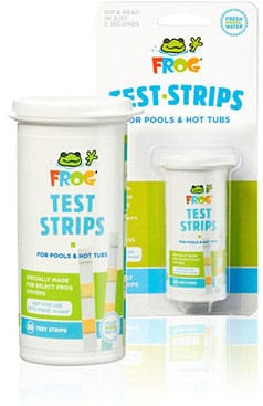 FROG® Test Strips for Fresh Mineral Water® systems displayed near a clear, sparkling pool.