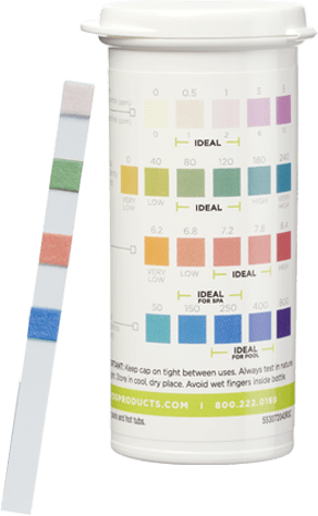 Back of FROG® Test Strips bottle showing color chart for pH, total alkalinity, and sanitizer levels.