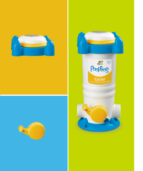 A three image collage with a Pool FROG Cycler and its replacement cap and dial.