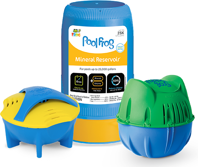 FROG® Mineral Reservoir for Cycler 6100 shown next to Flippin’ FROG® and Instant FROG® products on a white background.