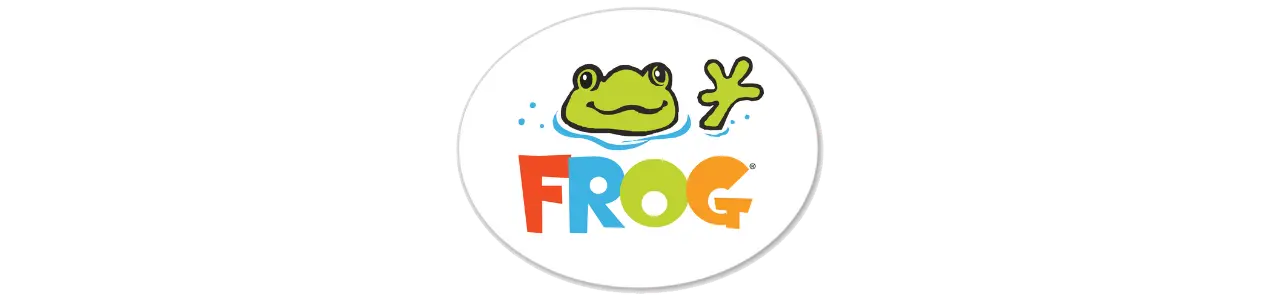 The FROG logo on a white oval. A FROG reachs a hand outside of the water