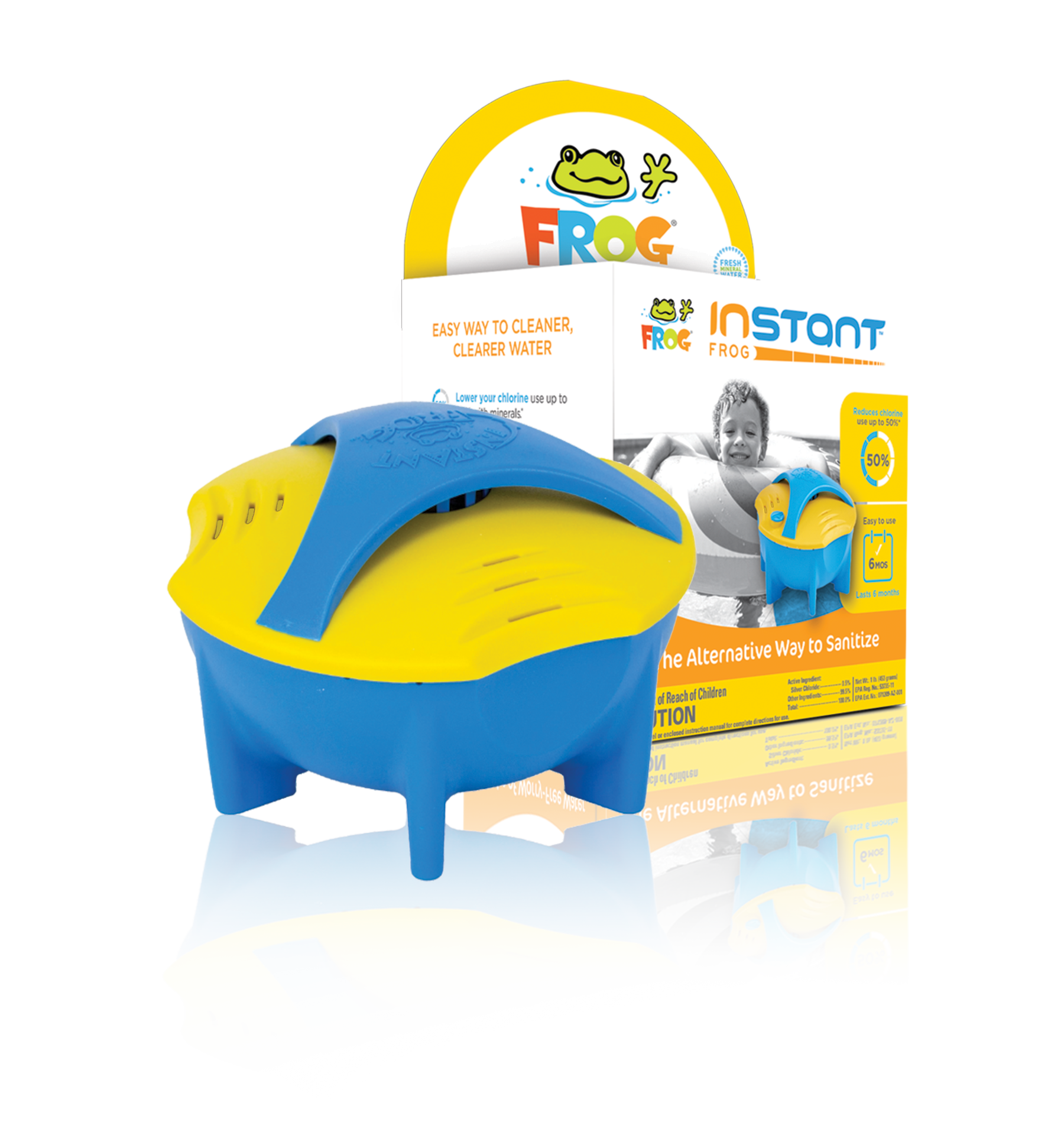 A product photo of the "FROG INSTANT" pool sanitizer with its packaging. The blue and yellow device sits in front of its retail box which features the FROG logo with a cartoon frog character. The packaging promotes it as "The Alternative Way to Sanitize" and "Easy Way to Cleaner, Clearer Water," highlighting that it can lower chlorine use.