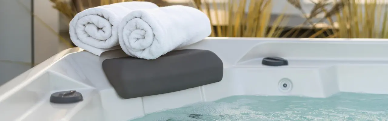 Closeup shot of 2 rolled up white towels on the top of a hot tub