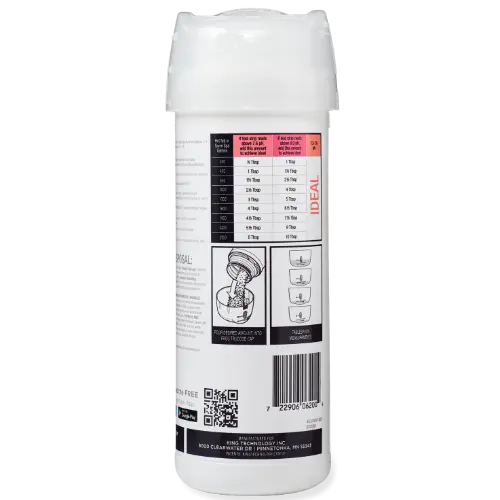 Back view of FROG® DropH — pH and Total Alkalinity decreaser showing label instructions and details.