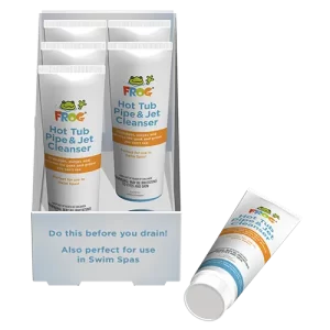 A product display showing multiple tubes of FROG Hot Tub Pipe & Jet Cleanser arranged in packaging with one tube positioned outside the box.