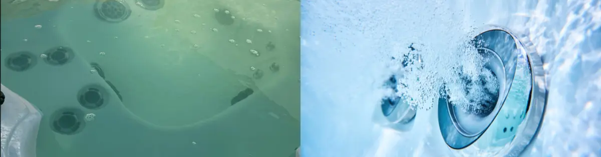 Before-and-after hot tub water — left side shows green, cloudy water; right side shows crystal-clear, balanced wate